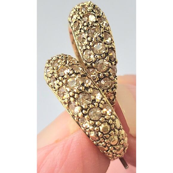 Monet Gold Rhinestone Hoop Earrings Signed Vintage Pierced - Picture 2 of 7